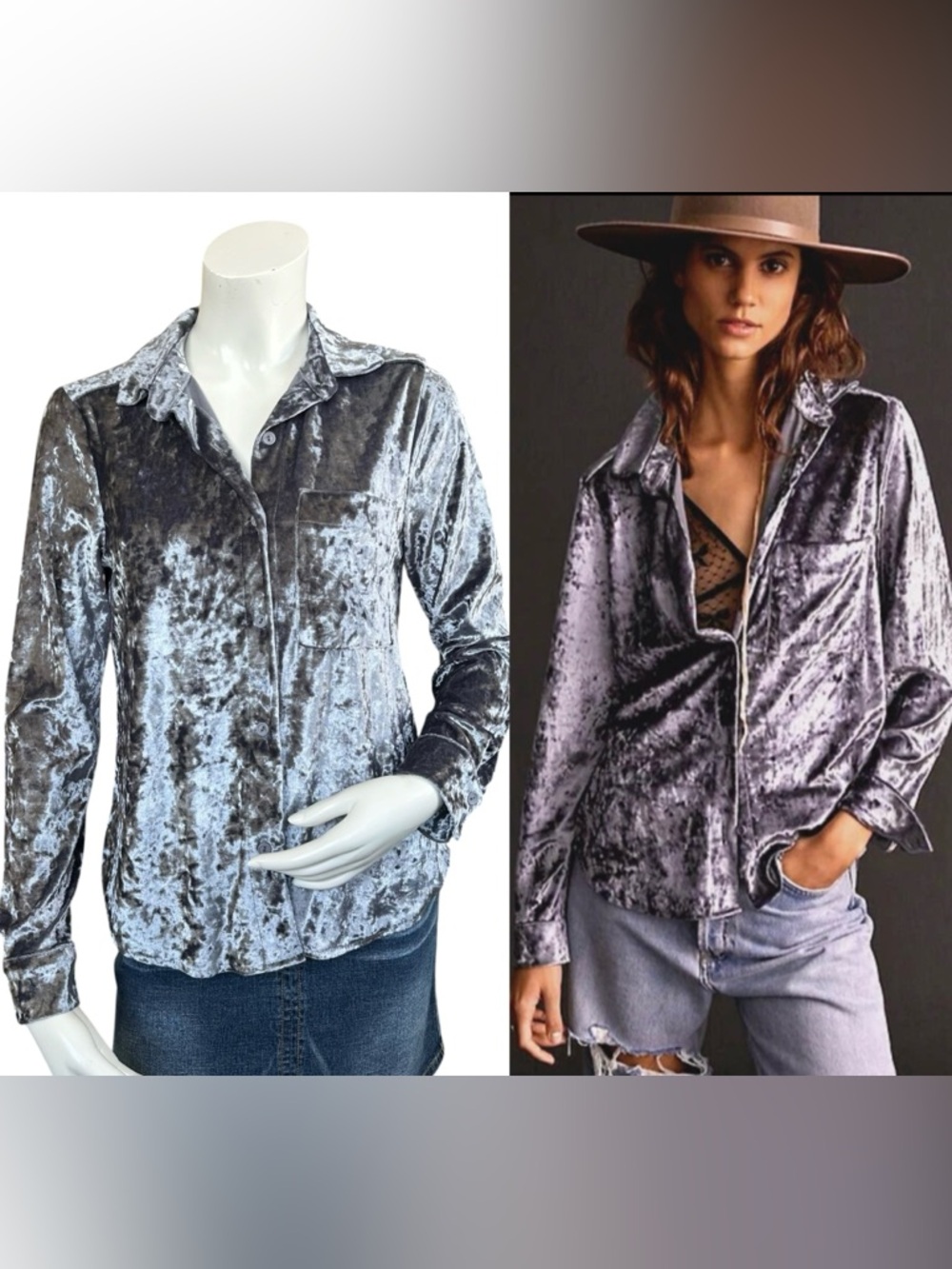 Anthropologie Amadi Gray Crushed Velvet Oversized Button Down Blouse Size XS